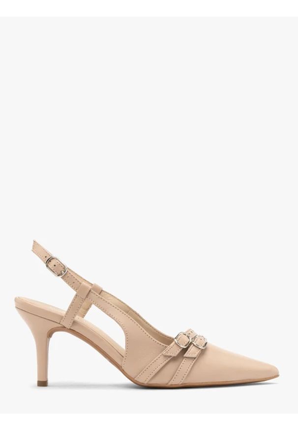 Ryłko - Czółenka slingback z dekoracyjnymi paskami. Zapięcie: pasek. Kolor: beżowy. Materiał: skóra. Szerokość cholewki: normalna. Obcas: na obcasie. Styl: street. Wysokość obcasa: średni