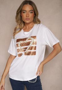 Renee - Biały T-shirt z Bawełny Ozdobiona Cyrkoniami Sercami i Perełkami Sanilissa. Okazja: na co dzień, na spacer. Kolor: biały. Materiał: bawełna. Wzór: aplikacja. Styl: glamour, casual #4