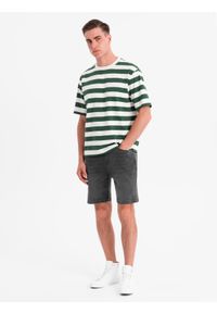 Ombre Clothing - Szorty męskie z gumką w pasie i efektem sprania – szare V3 - Rozmiar: XXL. Okazja: na co dzień. Kolor: szary. Materiał: skóra, denim, materiał, bawełna, elastan. Sezon: lato. Styl: casual, elegancki