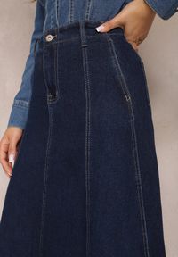Renee - Granatowa Jeansowa Spódnica Maxi z Regularną Talią i Przeszyciami Bellezza. Kolor: niebieski. Materiał: jeans. Wzór: aplikacja #4