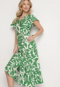 Born2be - Jasnozielona Rozkloszowana Sukienka z Wiązaniem w Roślinny Wzór Janitaie. Okazja: na co dzień. Typ kołnierza: dekolt w serek. Kolor: zielony. Materiał: jeans. Długość rękawa: krótki rękaw. Styl: klasyczny, casual, elegancki #7