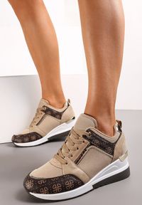 Renee - Brązowe Sneakersy na Koturnie z Metalicznym Zdobieniem Phephone. Kolor: brązowy. Wzór: aplikacja. Obcas: na koturnie #4