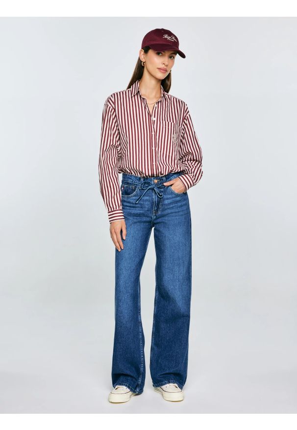 Big-Star - Koszula damska luźna w paski bordowo-kremowe Tina 604. Okazja: na co dzień. Kolor: czerwony. Materiał: materiał, jeans, bawełna. Wzór: paski. Styl: elegancki, casual