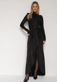 Born2be - Czarna Cekinowa Sukienka Wieczorowa z Półgolfem i Trenem Eylnore. Okazja: na imprezę. Kolor: czarny. Wzór: aplikacja. Styl: wizytowy #3