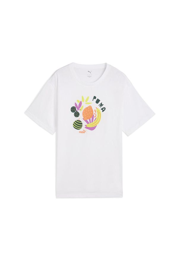 Puma - Damska koszulka GRAPHICS Relaxed Fruity PUMA White. Kolor: biały. Materiał: guma. Wzór: nadruk