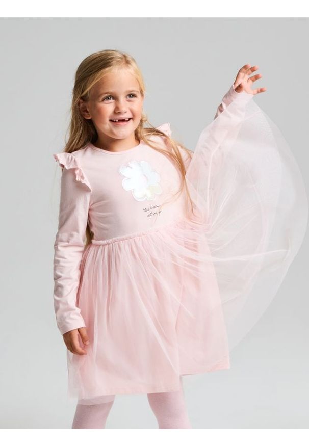 Sinsay - Sukienka z tiulem i ozdobnymi falbanami - różowy. Kolor: różowy. Materiał: tiul