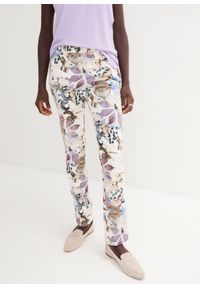 bonprix - Spodnie ze stretchem w kwiaty. Kolor: beżowy. Wzór: kwiaty #1