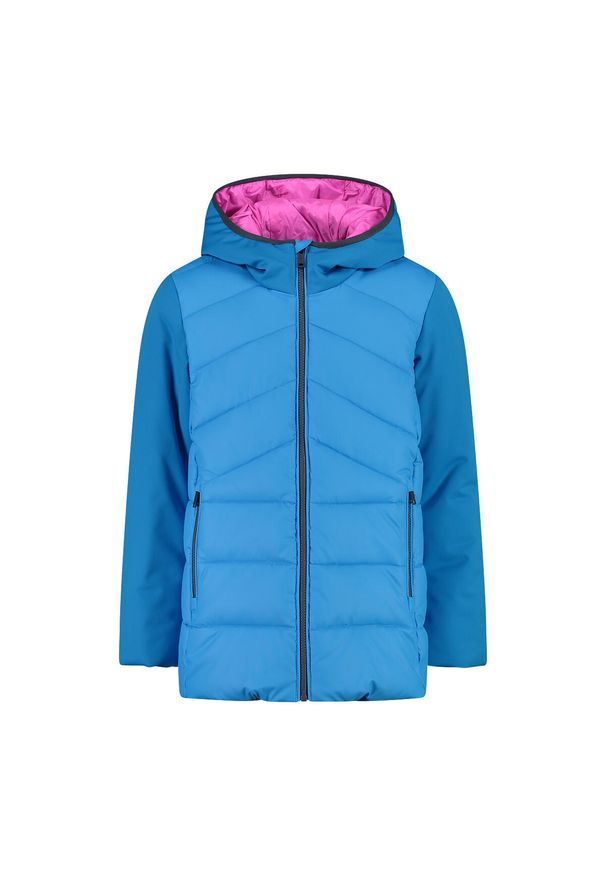 Dziewczęca długa kurtka z kapturem CMP. Typ kołnierza: kaptur. Kolor: niebieski, wielokolorowy, różowy. Materiał: puch. Długość: długie