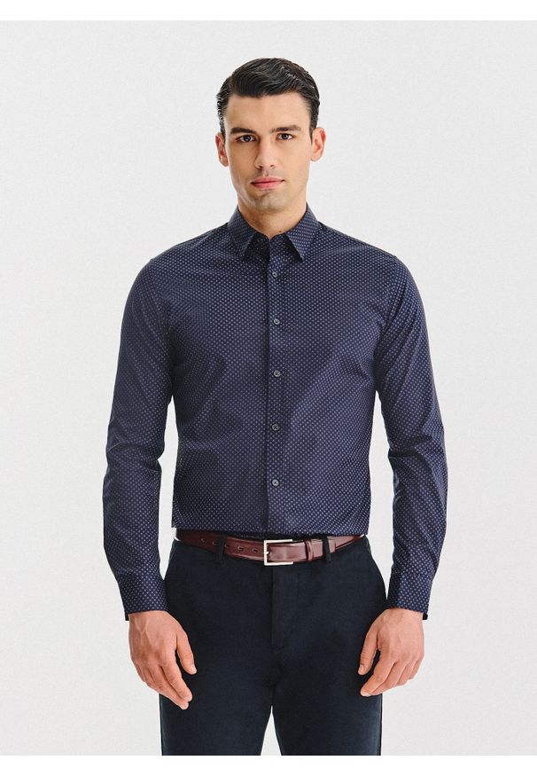 Pako Lorente - PAKO LORENTE – Granatowa koszula w kwiaty. Kolor: niebieski. Materiał: bawełna, elastan. Długość rękawa: długi rękaw. Długość: długie. Wzór: kwiaty