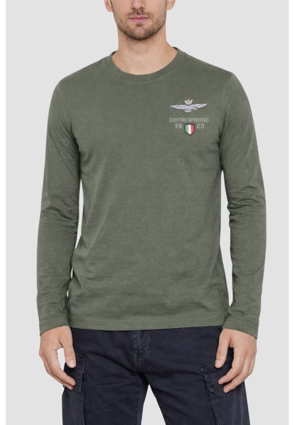 Aeronautica Militare - AERONAUTICA MILITARE Szarozielony męski longsleeve Centro Sportivo, Rozmiar 3XL. Kolor: zielony. Długość rękawa: długi rękaw