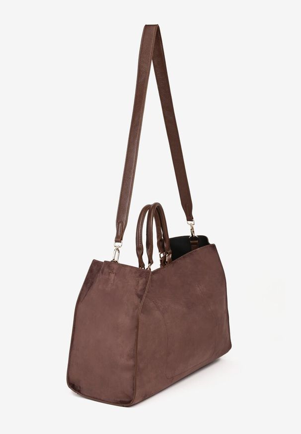 Renee - Brązowa Torebka Typu Shopper z Imitacji Zamszu z Rączkami i Paskiem Crossbody Temige. Kolor: brązowy. Materiał: zamszowe. Styl: klasyczny, biznesowy, casual, elegancki