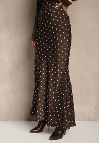 Renee - Brązowa Spódnica High Waist w Kropki o Trapezowym Kroju Ravea. Okazja: do pracy, na spacer, na co dzień, na spotkanie biznesowe. Stan: podwyższony. Kolor: brązowy. Wzór: kropki. Styl: casual, elegancki, biznesowy #3