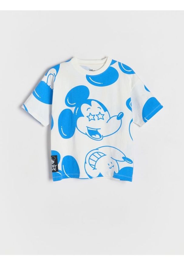 Reserved - Bawełniany t-shirt Mickey Mouse - złamana biel. Materiał: bawełna. Wzór: motyw z bajki
