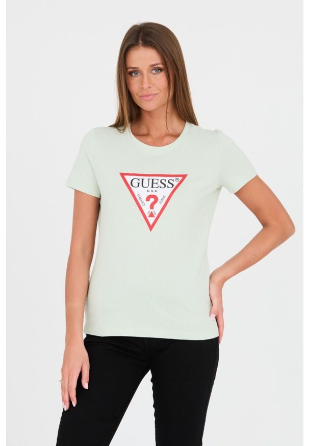 Guess - GUESS Zielony damski t-shirt bawełniany Original Tee, Rozmiar M. Kolor: zielony. Materiał: bawełna