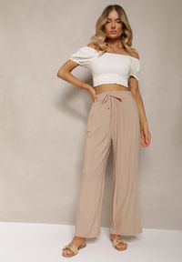 Renee - Beżowe Bawełniane Spodnie Palazzo High Waist z Gumką w Pasie Gitanea. Okazja: na co dzień. Stan: podwyższony. Kolor: beżowy. Materiał: bawełna. Sezon: lato. Styl: casual, elegancki