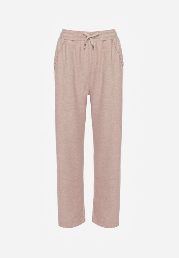 Renee - Beżowe Spodnie High Waist z Gumką i Troczkami w Pasie Rallena. Okazja: na co dzień. Stan: podwyższony. Kolor: beżowy. Styl: casual