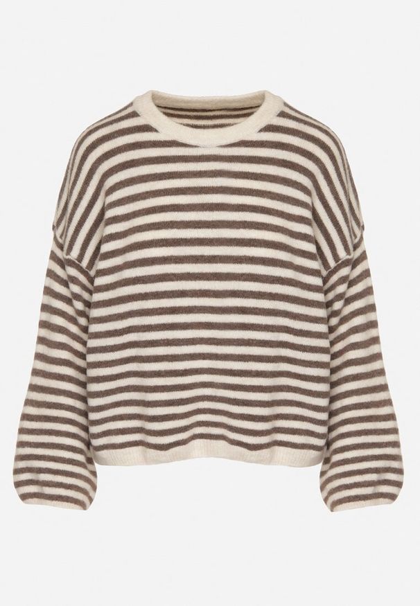 Born2be - Jasnobeżowy Sweter Oversize w Paski z Dodatkiem Wełny i Wiskozy Tianalla. Kolor: beżowy. Materiał: wiskoza, wełna. Wzór: paski. Styl: elegancki