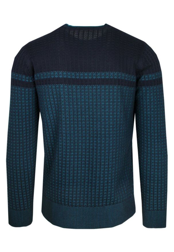 Trikko - Sweter Granatowo-Turkusowy w Okrągły Dekolt, Wzór Geometryczny, U-neck, Męski -TRIKKO. Okazja: na co dzień, na spotkanie biznesowe, do pracy. Kolor: niebieski. Materiał: bawełna, akryl. Wzór: geometria. Styl: biznesowy, klasyczny, elegancki, casual