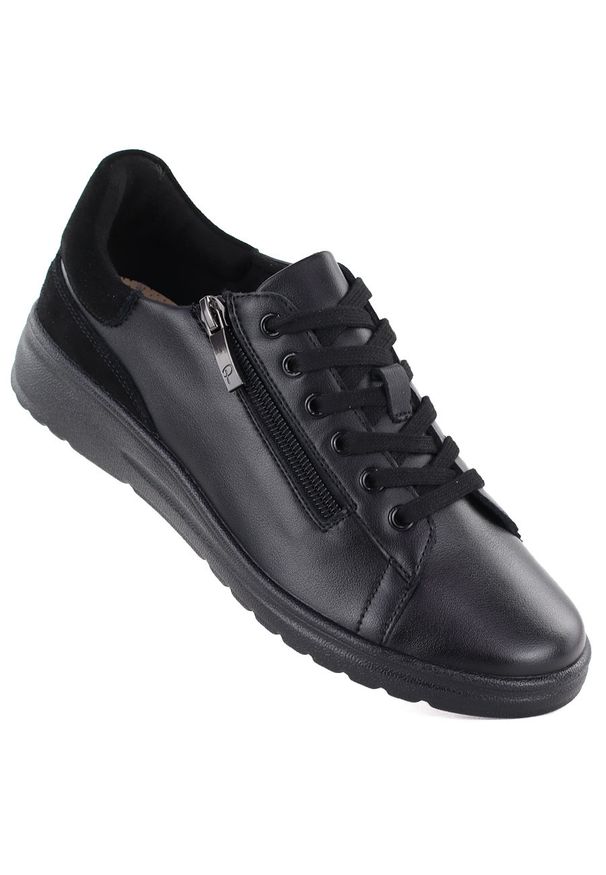 POTOCKI - Skórzane półbuty damskie czarne z zamkiem Potocki JE19402. Okazja: na co dzień. Zapięcie: zamek. Kolor: czarny. Materiał: skóra. Styl: casual, sportowy