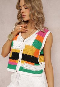 Renee - Biało-Żółty Top z Bawełnianej Dzierganej Tkaniny Zapinany na Guziki Kawayne. Kolor: biały. Materiał: bawełna, tkanina, dziergany. Styl: boho