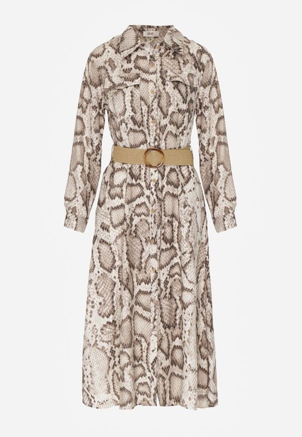 Born2be - Beżowa Sukienka Koszulowa z Wiskozą Zdobiona Paskiem i Wzorem w Węża Delane. Okazja: na co dzień. Kolor: beżowy. Materiał: wiskoza. Wzór: aplikacja. Typ sukienki: koszulowe. Styl: casual, elegancki