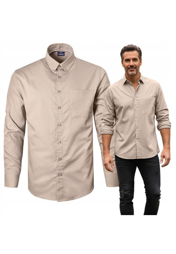 Lekko Taliowana Koszula Sportowa, Button Down - Pako Jeans - Beżowa. Okazja: na co dzień. Typ kołnierza: button down. Kolor: beżowy, brązowy, wielokolorowy. Materiał: bawełna. Styl: sportowy
