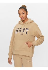 GANT - Gant Bluza Rel Logo Hoodie 4200726 Khaki Relaxed Fit. Kolor: brązowy. Materiał: bawełna