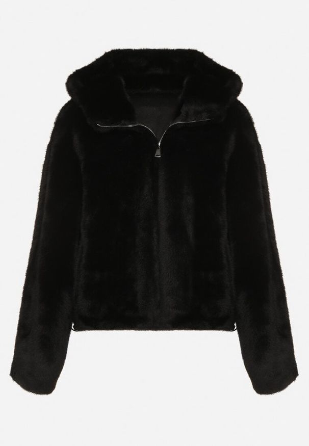 Born2be - Czarna Kurtka Futrzana z Nieodpinanym Kapturem Lanasia. Okazja: na co dzień. Kolor: czarny. Materiał: futro. Styl: elegancki, casual