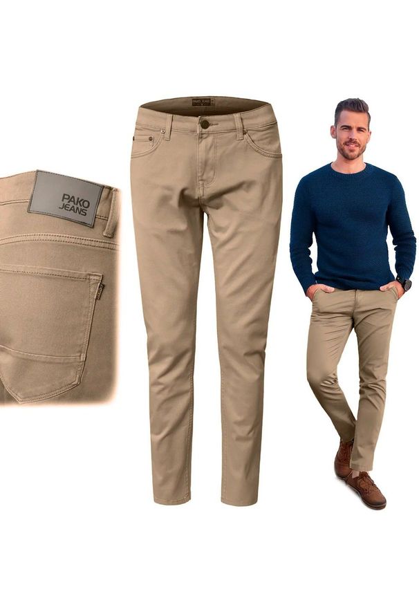 Bawełniane Spodnie Chinos, Regular - Pako Jeans - Beżowe. Okazja: do pracy, na spotkanie biznesowe. Kolor: wielokolorowy, beżowy, brązowy. Materiał: bawełna, elastan. Styl: klasyczny, biznesowy
