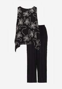 Born2be - Czarny Rustykalny Komplet z Wiskozy i Lnu Spodnie i Bluzka z Haftem Acalerodia. Kolor: czarny. Materiał: wiskoza, len. Wzór: haft #4