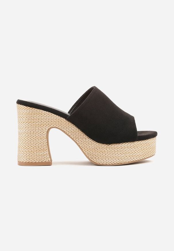 Renee - Czarne Klapki z Ekozamszu na Słupkowym Obcasie i Platformie Tenolina. Okazja: na co dzień. Nosek buta: otwarty. Kolor: czarny. Materiał: jeans. Wzór: haft. Obcas: na obcasie. Styl: boho, klasyczny, casual, elegancki. Wysokość obcasa: średni