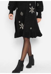 bonprix - Sukienka dzianinowa w płatki śniegu. Typ kołnierza: golf. Kolor: czarny. Materiał: dzianina. Sezon: zima #2