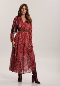 Renee - Bordowa Sukienka Ferridan. Kolor: czerwony. Wzór: aplikacja, kwiaty. Długość: midi #3