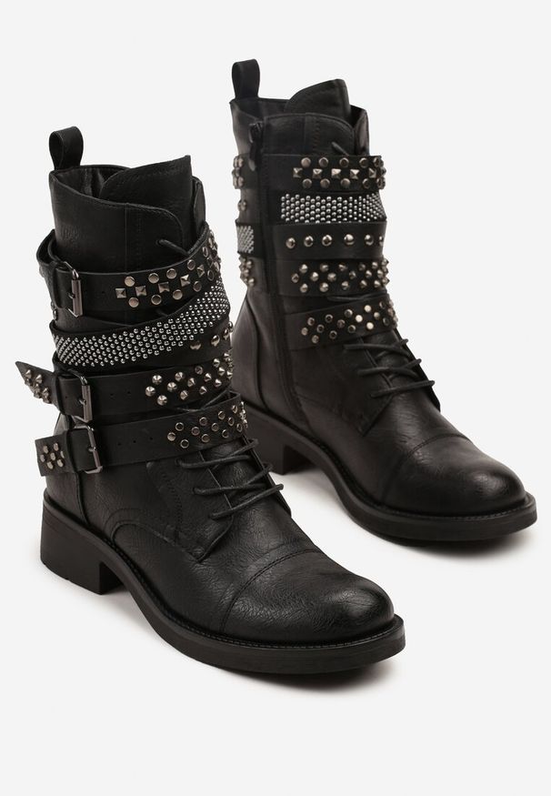 Born2be - Czarne Botki w Stylu Workerów z Klamrami i Nitami Tulissea. Okazja: na co dzień. Zapięcie: klamry. Kolor: czarny. Materiał: jeans, skóra. Styl: klasyczny, casual, rockowy