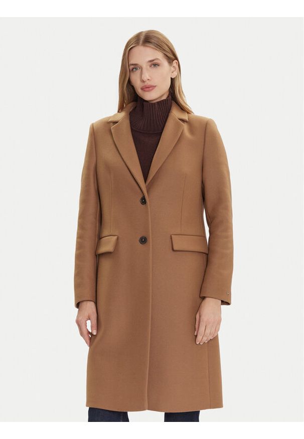 TOMMY HILFIGER - Tommy Hilfiger Płaszcz wełniany WW0WW46547 Beżowy Regular Fit. Kolor: beżowy. Materiał: wełna