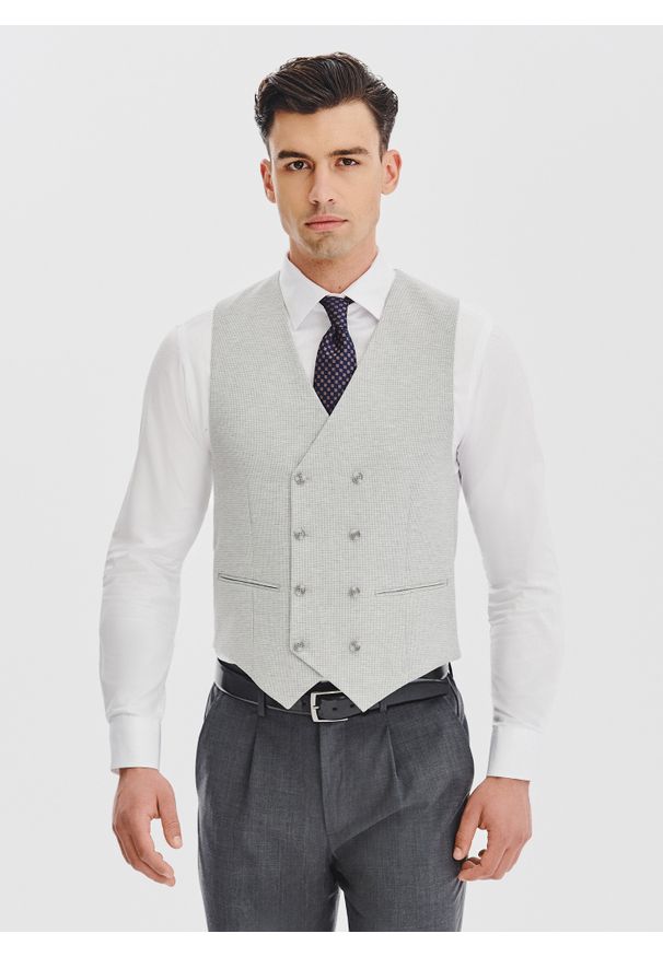 Pako Lorente - PAKO LORENTE - Dwurzędowa kamizelka męska w drobną kratę. Materiał: poliester, elastan, poliamid, dzianina, wiskoza. Styl: młodzieżowy, elegancki