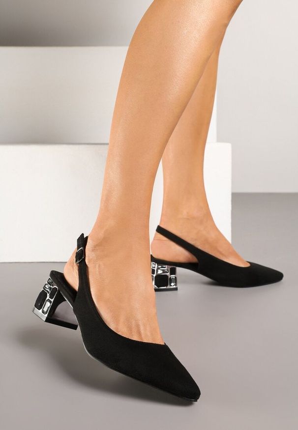 Renee - Czarne Sandały Vices na Ozdobnym Słupku Typu Slingback ze Skórzaną Wkładką Eraliora. Okazja: na co dzień. Zapięcie: sprzączka. Kolor: czarny. Materiał: skóra. Obcas: na słupku. Styl: elegancki, casual