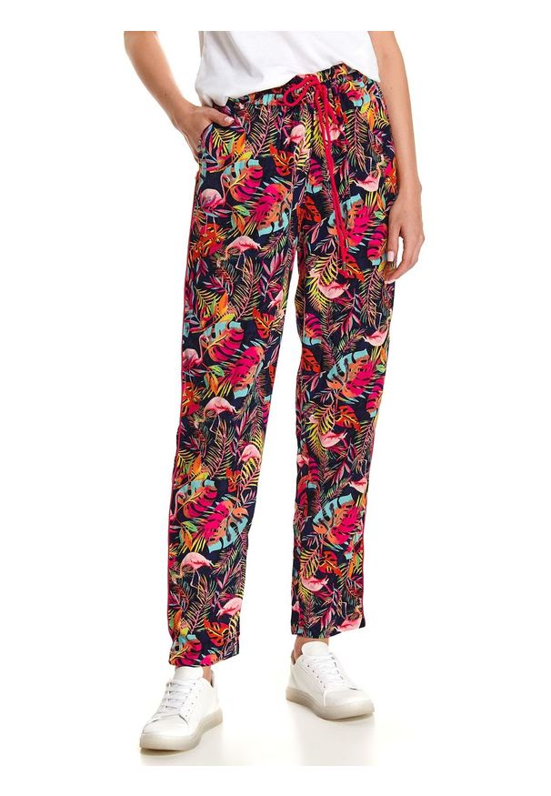 DRYWASH - Długie spodnie damskie z tropikalnym printem. Okazja: na co dzień. Kolor: niebieski. Materiał: materiał. Długość: długie. Wzór: nadruk. Styl: casual, wakacyjny