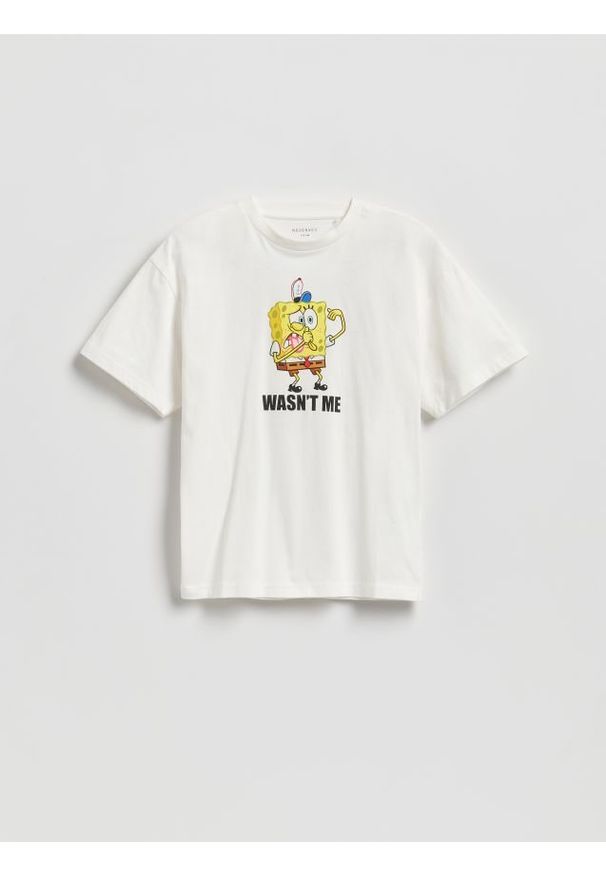 Reserved - T-shirt SpongeBob - złamana biel. Materiał: dzianina, bawełna