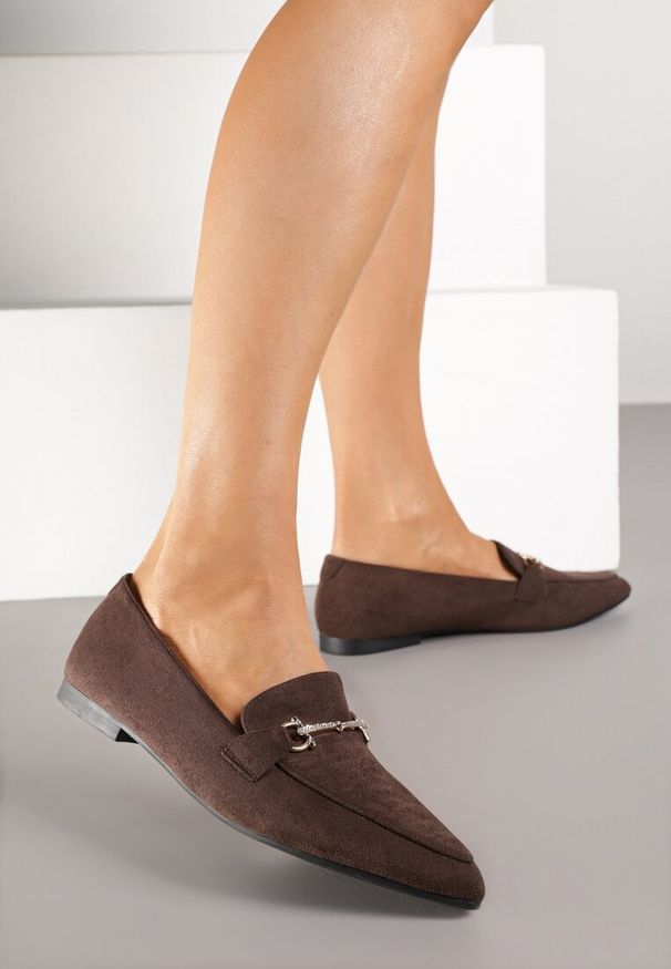 Born2be - Brązowe Mokasyny Vices z Noskiem w Szpic i Metaliczną Aplikacją Rilemise. Okazja: do pracy, na spotkanie biznesowe. Kolor: brązowy. Materiał: skóra. Wzór: aplikacja. Styl: biznesowy, klasyczny, elegancki