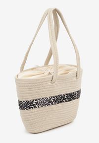 Born2be - Beżowa Torebka z Bawełny Ozdobiona Paskiem w Panterkę Felariela. Kolor: beżowy. Wzór: aplikacja, motyw zwierzęcy. Styl: boho, klasyczny, casual