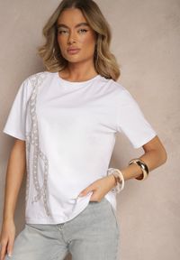 Renee - Biały T-shirt z Bawełny Ozdobiony Cyrkoniami Lavnelis. Kolor: biały. Materiał: bawełna. Wzór: aplikacja #4