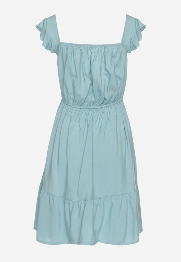 Born2be - Niebieska Sukienka z Wiskozą o Rozkloszowanym Kroju z Gumką w Pasie Lirimere. Okazja: na co dzień. Typ kołnierza: kołnierz z falbankami. Kolor: niebieski. Materiał: wiskoza. Długość rękawa: na ramiączkach. Styl: casual, elegancki