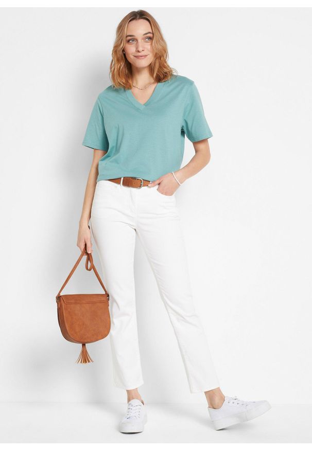 bonprix - Długi i szeroki T-shirt z dekoltem w serek, krótki rękaw (5 sztuk). Okazja: na co dzień. Typ kołnierza: dekolt w serek. Kolor: fioletowy. Długość rękawa: krótki rękaw. Długość: krótkie. Sezon: lato. Styl: casual