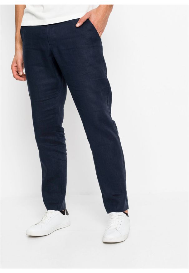 bonprix - Spodnie chino lniane Regular Fit Straight z wygodnym paskiem. Kolor: niebieski. Materiał: len
