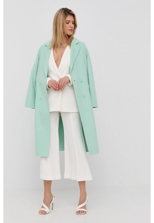 TwinSet - Twinset płaszcz wełniany kolor turkusowy przejściowy dwurzędowy. Okazja: na co dzień. Kolor: turkusowy. Materiał: wełna. Styl: klasyczny, casual
