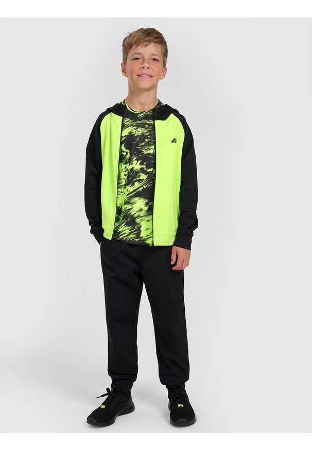 4f - 4F Bluza sportowa rozpinana z kapturem chłopięca - zielona 122/128 (6-8 lat). Okazja: na co dzień. Typ kołnierza: kaptur. Kolor: zielony. Materiał: skóra, dzianina. Sezon: lato. Styl: sportowy