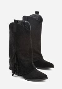 Renee - Czarne Botki Kowbojki na Stożku Ozdobione Frędzlami Reielle. Kolor: czarny. Materiał: jeans. Wzór: aplikacja. Obcas: na stożku. Styl: klasyczny. Wysokość obcasa: średni #5