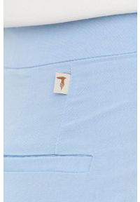 Trussardi Jeans - Trussardi spodnie lniane damskie fason cygaretki high waist. Stan: podwyższony. Kolor: niebieski. Materiał: len