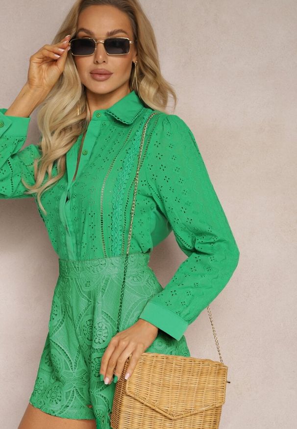 Renee - Zielona Koszula z Haftowanej Tkaniny w Stylu Boho Perphone. Kolor: zielony. Materiał: tkanina. Wzór: haft. Sezon: lato, wiosna. Styl: boho